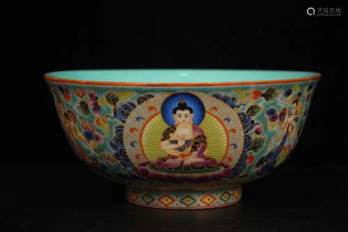 QING DYNASTY QIANLONG PERIOD--GREEN GROUND BUDDHA THANGKA BOWL