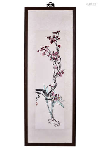 WU PING: FRAMED INK AND COLOR ON PAPER PAINTING 'PLUM FLOWERS'