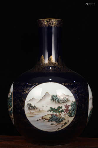 QING DYNASTY QIANLONG PERIOD--BLUE GROUND GILT OPEN MEDALLION LANDSCAPE BOTTLE VASE