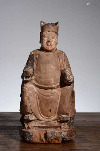 WOOD CARVED AND PIGMENT PAINTED 'COURT OFFICIAL' SEATED FIGURE