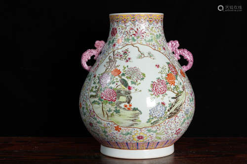 QING DYNASTY QIANLONG PERIOD--FAMILLE ROSE BIRDS AND FLOWERS VASE WITH HANDLES