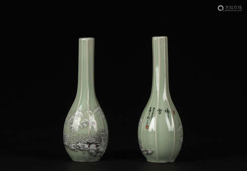 A PAIR OF CELADON GLAZE GRISAILLE PAINTED PORCELAIN MELON-SHAPED VASE