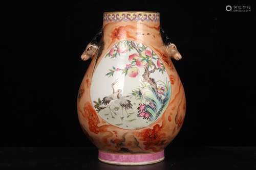 QING DYNASTY DAOGUANG PERIOD--ROCK GLAZING FAMILLE ROSE BIRDS FLOWERS VASE WITH HANDLES