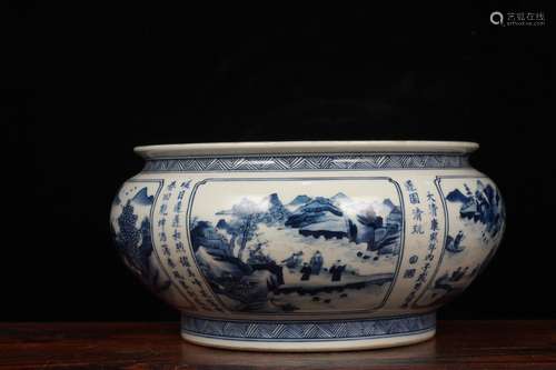 QING DYNASTY--BLUE WHITE LANDSCAPE POEMS POT