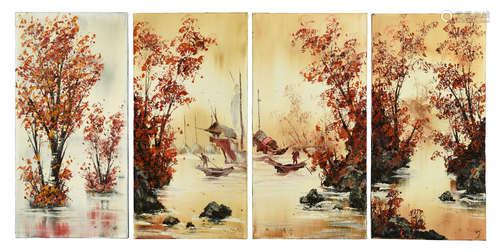 KEE FUNG NG: FOUR OIL PAINTINGS 'RIVERSIDE SCENERY'