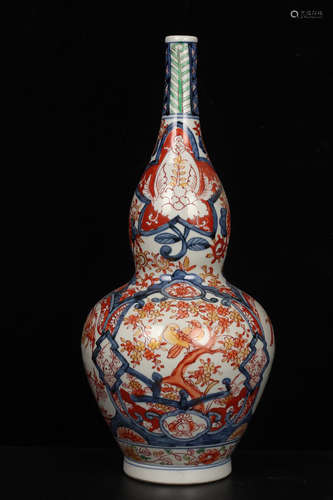 QING DYNASTY--BLUE WHITE AND DOUCAI BIRDS FLOWERS GOURD VASE