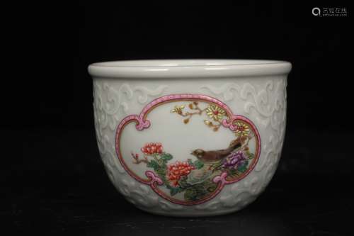 QING DYNASTY QIANLONG PERIOD--EMBOSSMENT OPEN MEDALLION FAMILLE ROSE BIRDS FLOWERS CUP