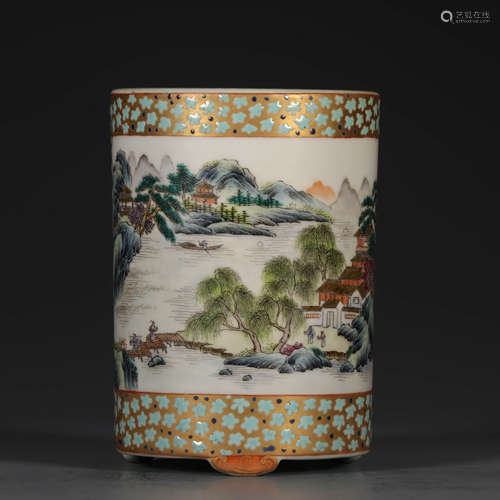 A FAMILLE ROSE LANDSCAPE FIGURES PORCELAIN BRUSH POT