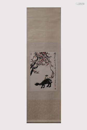 LI KERAN: INK AND COLOR ON PAPER PAINTING 'SHEPHERD AND WATER BUFFALO'