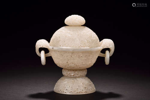 WHITE JADE PIERCE CARVED INCENSE CENSER WITH LID