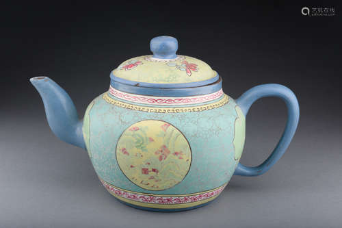 PAINTED YIXING ZISHA MEDALLION TEAPOT