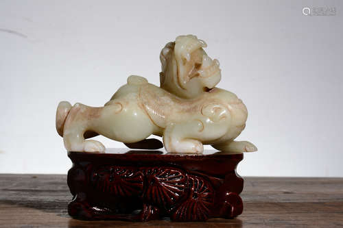 HETIAN JADE CARVED 'MYTHICAL BEAST' FIGURE WITH STAND