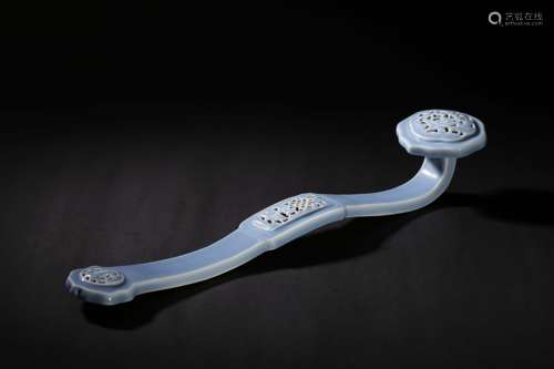 CELADON BLUE GLAZED AND OPENWORK CARVED 'FU LU SHOU' RUYI SCEPTER