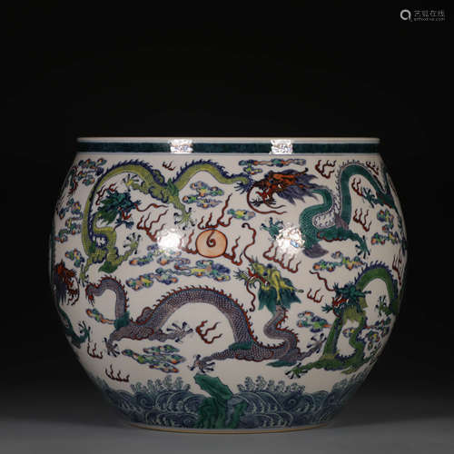 A DOUCAI NINE DRAGONS PORCELAIN ARHAT VAT