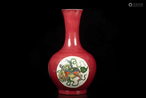 RED GLAZED OPEN MEDALLION 'MYTHICAL BEAST' VASE