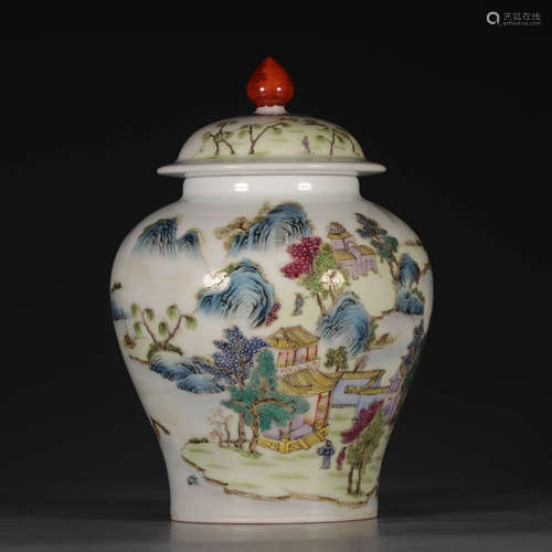 A FAMILLE ROSE LANDSCAPE PORCELAIN JAR WITH COVER