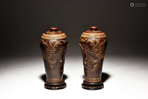 PAIR OF YIXING ZISHA 'DRAGON AND PHOENIX' VASES