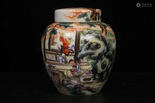 QING DYNASTY YONGZHENG PERIOD--FAMILLE ROSE FIGURE JAR WITH LID