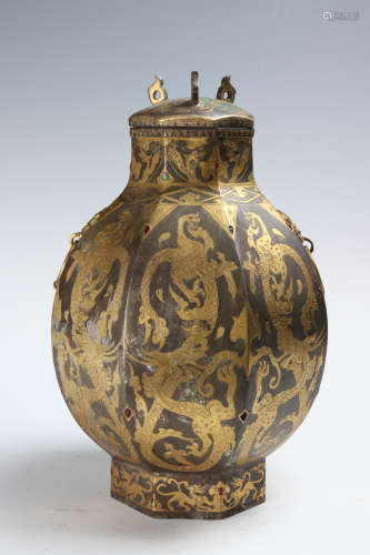 Bronze Bottle Gold Painted Inlaid With Gem