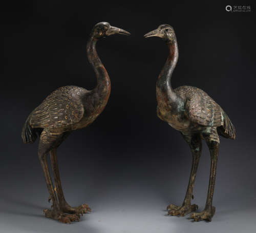Large Pair Silver & Gold Inlay Bronze Cranes