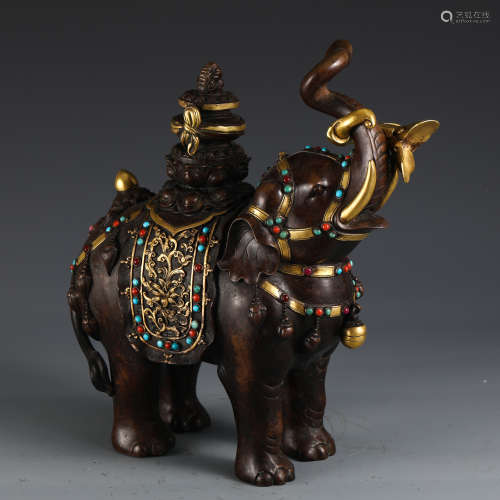 Ornate Bronze With Gilt And Inlaid Stone Elephant