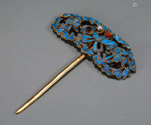Kingfisher Hairpin  With Inlaid Stone