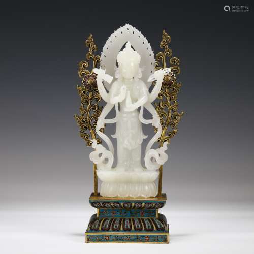 Carved White Jade Bodhisattva On Cloisonne Shrine