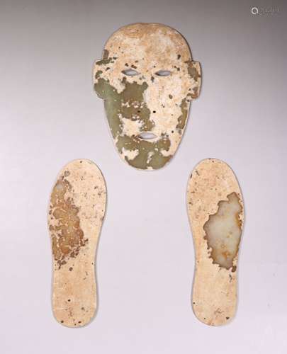 Rare Han Dyn. Carved Jade Mask and Foot Prints