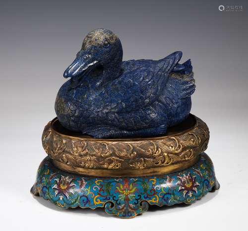 Carved Lapis Duck On Cloisonne  Enamel Base