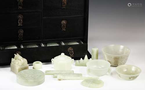 A Group Of Carved Jade Scholar's Objects In Wood Box