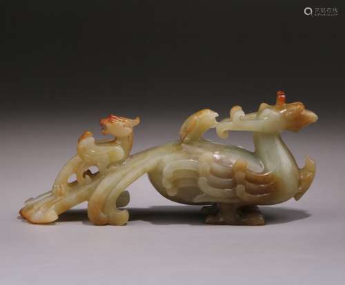 Carved Russet Jade Phoenix With Young