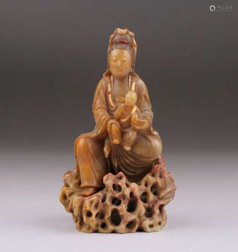 Carved Stone Figure Of Guanyin With Baby