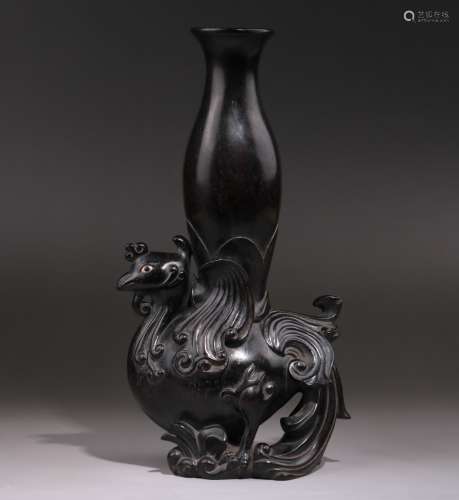 Carved Zitan Wood Phoenix Vase