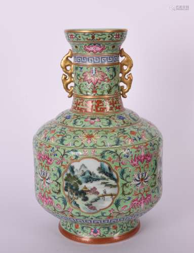Jiaqing Famille Rose 'Lotus' Double-Handled Vase
