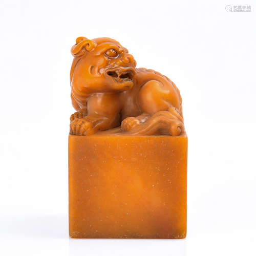 Carved Soapstone Guardian Lion  Seal With Calligraphy