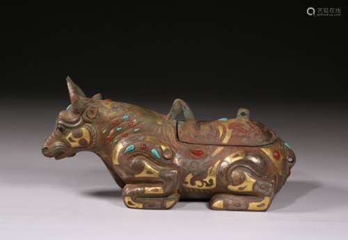 Chinese Gold Inlay Bronze Ox