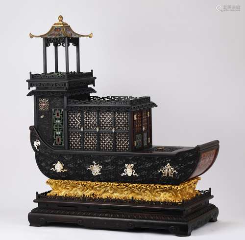 Large Intricately Carved Zitan Wood & Cloisonne Boat