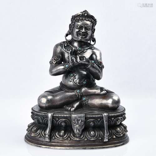 Silver Figure Of Lohan With Inlaid Stone