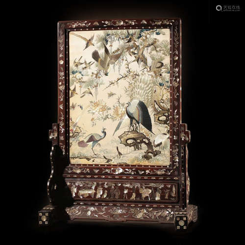 Qing Dyn. Silk Embroidered & Mother-Of-Pearl Screen