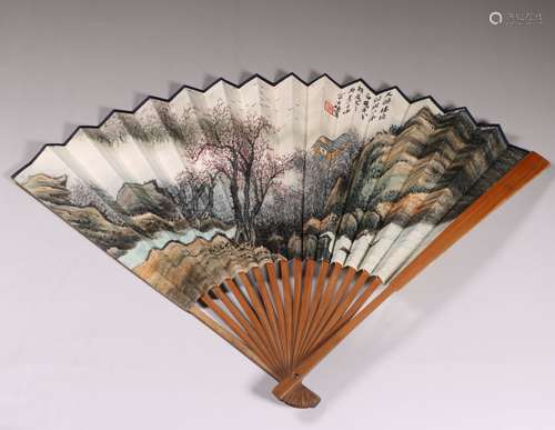 Chinese Painted Fan With Calligraphy  And Landscape