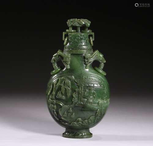 Carved Green Jade Moon Flask Vase