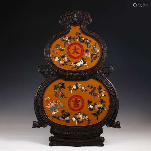 Zitan Wood Double Gourd & Inlaid Hard Stone Decoration