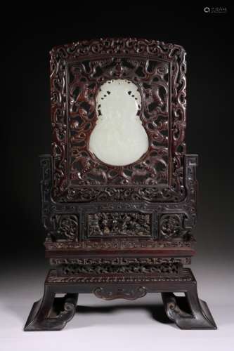 Wood And Jade Plaque Table Screen