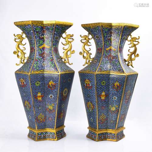 A Pair Of Cloisonne Enamel Bronze Vases With Mark
