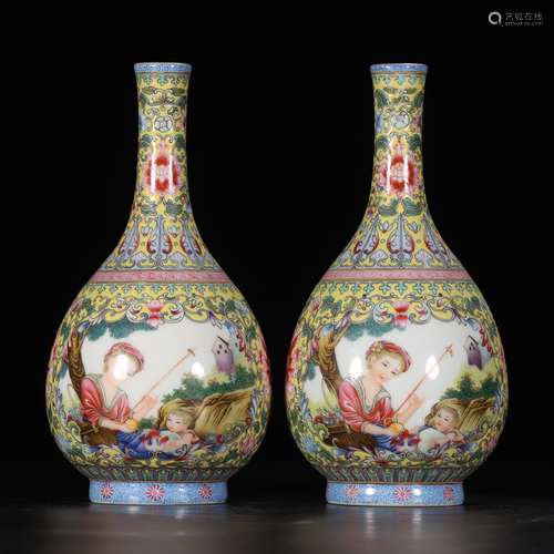 Pair of Yellow-Ground Famille Rose Porcelain Vases