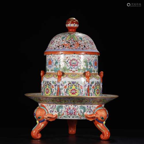 Famille Rose Gilt-Decorated Porcelain Tripod Incense Bu