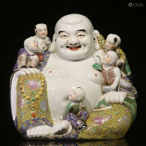 Famille Rose Laughing Buddha And Boys, Wei Hongtai Mark