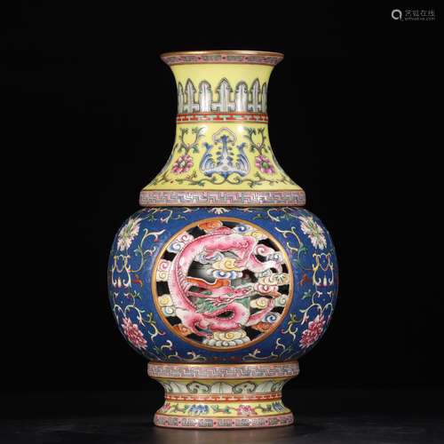 Rare Famille Rose Pierced Revolving Vase, Qianlong Mark