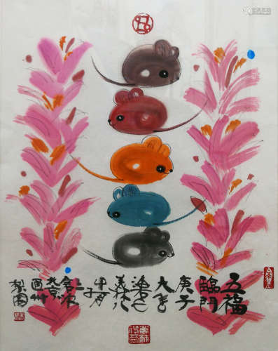 韓美林 當代 五福臨門（同一藏家提供） 紙本設色 帶框