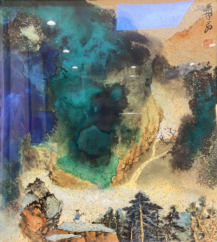 張大千 近現代 青綠山水 紙本設色 鏡框